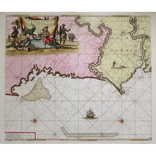 Old map image download for Nieuwe Paskaert, Van de Kust Van Genehoa als Medeen gedeelte van Gambia, beginnende an C. Blanco tot C. Verde, Met al syn diep ten end droogten, dus Ver Naeukeurig op gestelt.