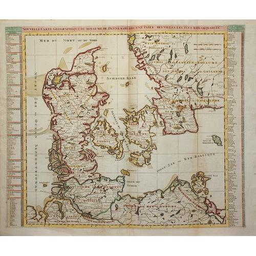 Old map image download for Nouvelle Carte Geographique du Royaume de Dannemarck avec une table des villes les plus remarquables.
