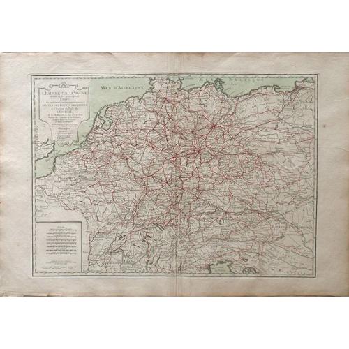 Old map image download for L\'Empire d\'Allemagne divise en fes principaux Etats, ou font exactement remarquees Toutes Les Routes des Postes et Chariots de Poste de L\'Empire