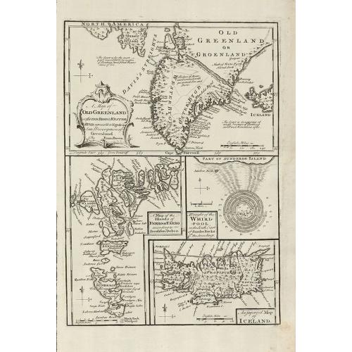 Old map image download for A Map of Old Greenland or Oster Bygd & Wester Bygd ... An Improved Map of Iceland ... A Map of the Islands of Ferro ... A Draught of the Whirlpool on the South East of Sumbo Rocks